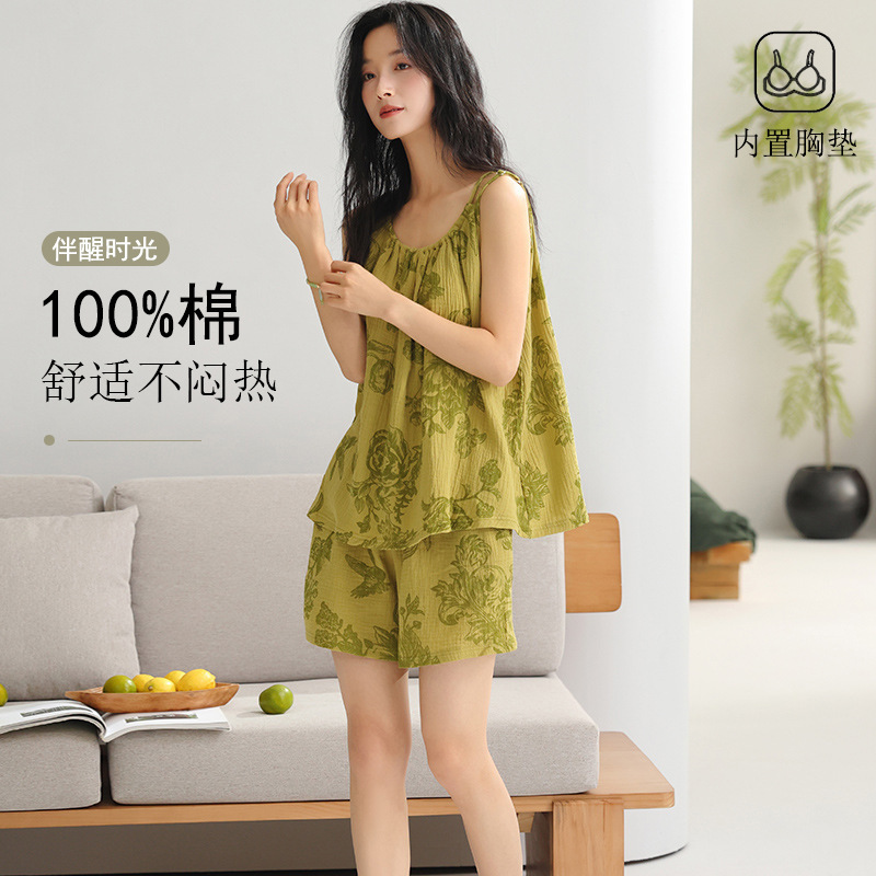 Women's Summer Gauze Cotton Pajamas with Breast Pads, Pure Cotton Suspender Suit, Simple, Loose and Cute Home Clothes for Women