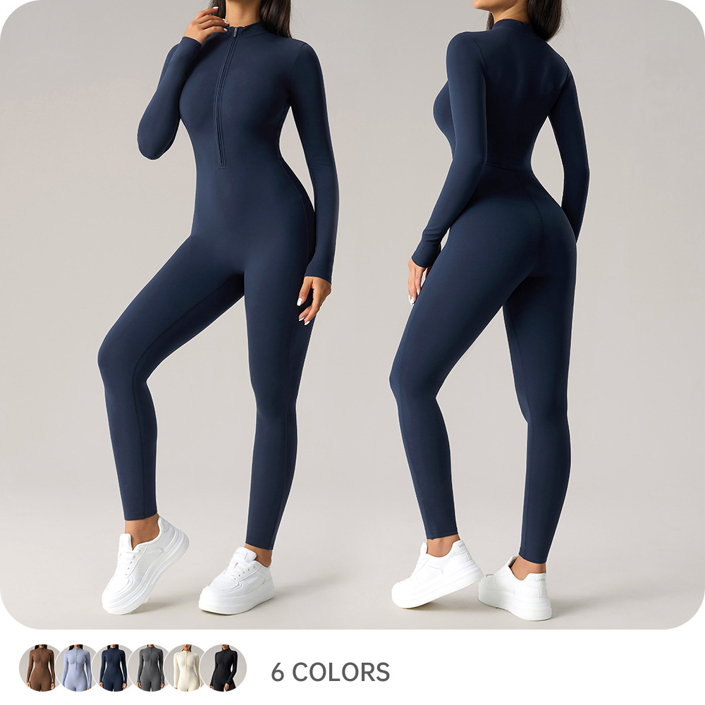 Cross-Border European and American Zipper Nude Long-Sleeved Yoga Jumpsuit High-Intensity Fitness Sports Jumpsuit Dlt002