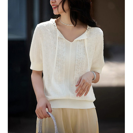 Temperament Commuting Casual Round Neck Short Sleeve Apricot Knitted Sweater Women's 2025 Summer New High-End Beaded Top