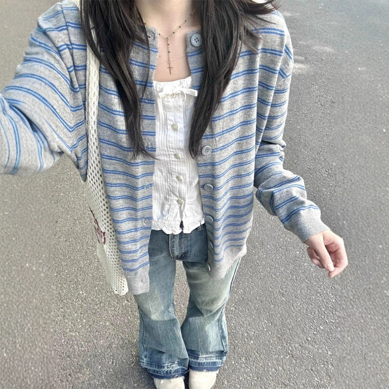 韩系复古条纹长袖针织开衫女春季新款慵懒风宽松休闲显瘦毛衣外套|undefined