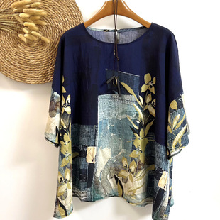 2025 Xia Xin Imitation Ramie Crewneck Pullover T-shirt Loose Printed plus size Meat Covering T-shirt