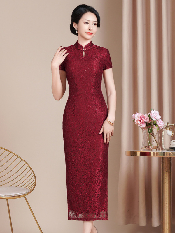 Hongyun Embroidery High-End Women's Slim Fit Qipao Dress Wedding National Trend Wedding Banquet Outfit Mother's Dress Elegant Short Sleeve Long Style Hongyun Embroidery High-End Women's Slim Fit Qipao Dress Wedding National Trend Wedding Banquet Outfit Mother's Dress Elegant Short Sleeve Long Style