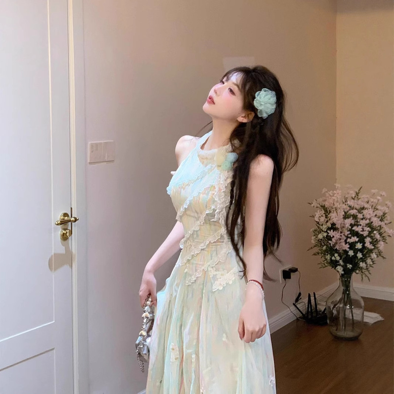 法式甜美绿色无袖不规则蕾丝挂脖式花朵连衣裙女夏新款氛围感长裙|undefined