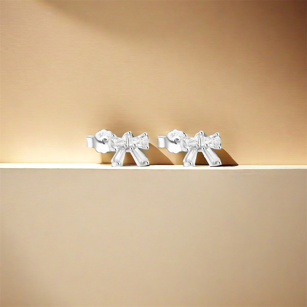 1 Pair Simple Style Heart Shape Bow Knot Plating Sterling Silver Zircon Ear Studs display picture 12