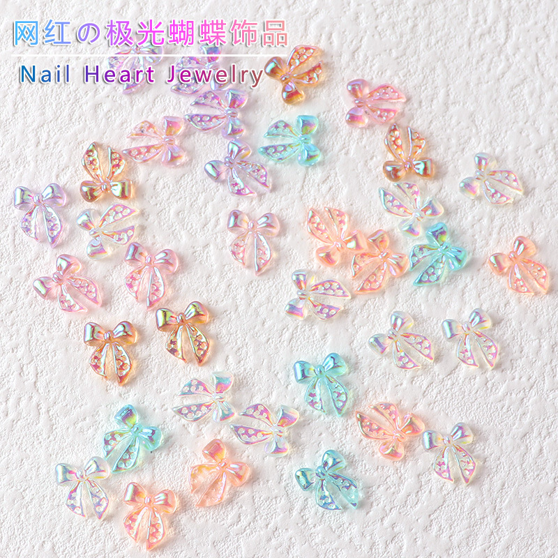 네일 아트 장식품 오로라 리본 2025 신상 입체 화려한 넥타이 네일 액세서리 레진 리본 나비 다이아몬드
