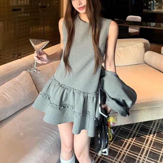 复古千金风长袖西装外套木耳边背心连衣裙2025秋季新款时尚套装女|undefined