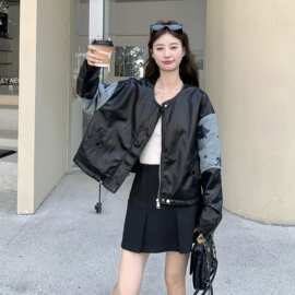 黑色设计感慵懒风圆领小众皮衣夹克女秋新款小个子休闲显瘦短外套