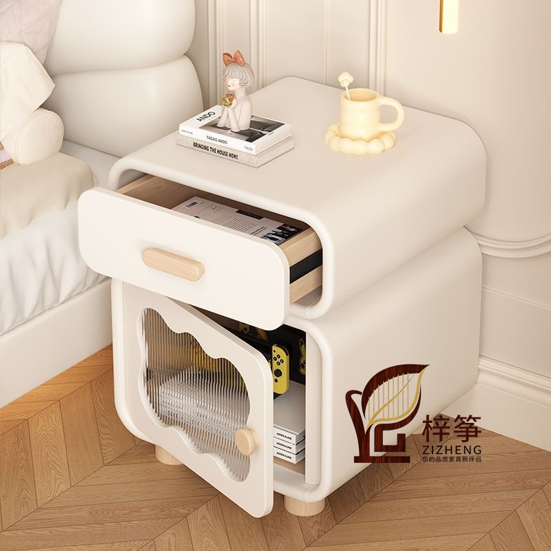 French-Style Cream-Colored Bedside Table, Simple and Modern 2024 New Model, Small Trendy Solid Wood Storage Cabinet for Bedroom