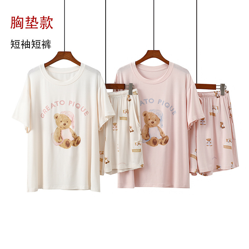 Modal Printed Summer Thin Padded Short-Sleeved Shorts Home Wear Cartoon Bear Print Pajamas Women's Set