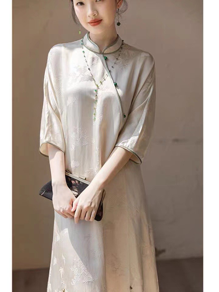 Đầm suông midi sườn xám cách tân cổ điển Trung Hoa dáng quả lê trắng — Váy liền màu trắng