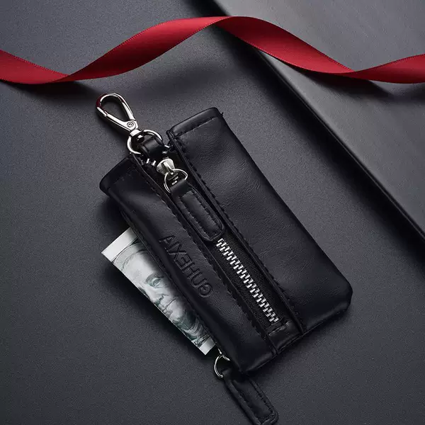Cute Key Pouch with Zipper, Genuine Leather Texture, Multifunctional Key and Coin Holder, Men's Waist-Hanging Car Key Organizer with Large Capacity