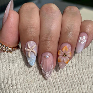 Foreign Trade Summer French Wear Nails European and American Popular Almond Nails Fresh 3D Carved Flowers Starfish Fake Nails