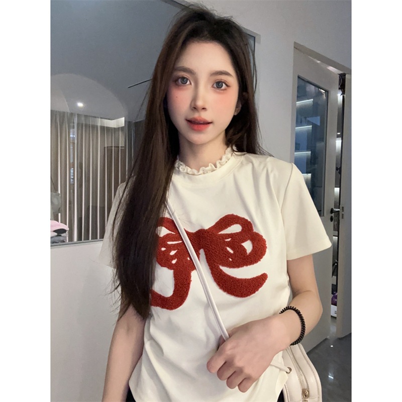 Cute velvet lace Japanese short summer short sleeve T-shirt with bow