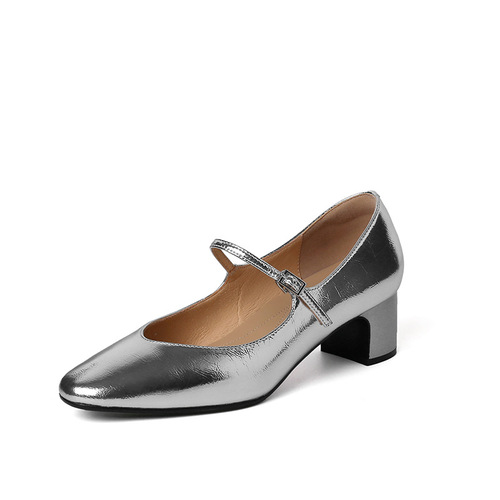 I love it at first glance. Silver thick heel small shoes  new square toe genuine leather inside and outside Mary Jane women's shoes