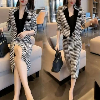 9919大爱美依缘2025秋季新款时尚西服两件套格子外套包臀裙子女装