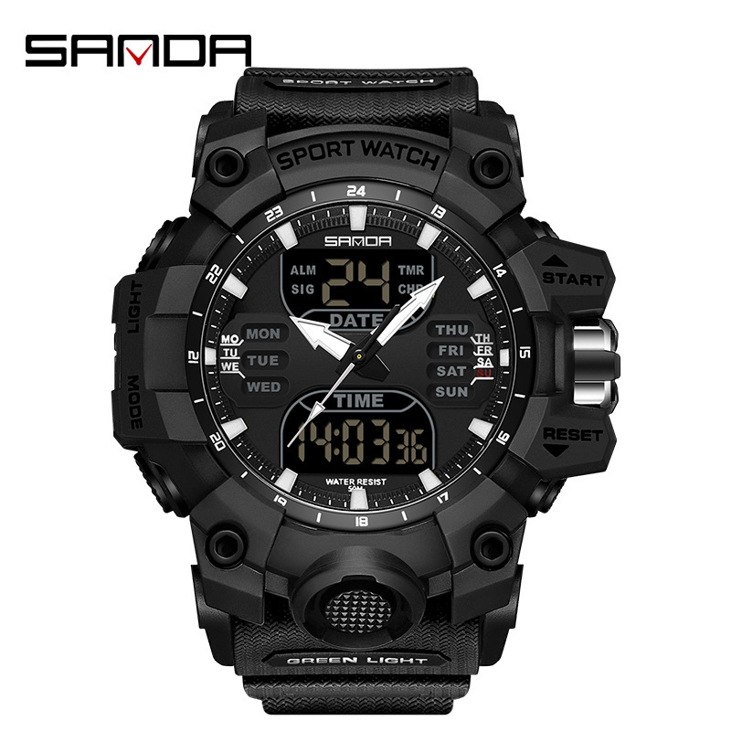 SANDA 6126 doble pantalla reloj electrónico despertador reloj multifuncional reloj de moda hombre impermeable reloj de pulsera correa transparente