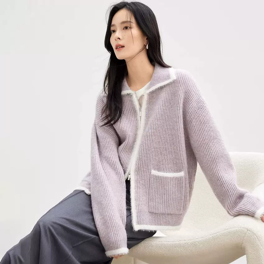 仿貂毛撞色毛衣外套女2025秋冬新款甜美温柔风口袋针织拉链开衫