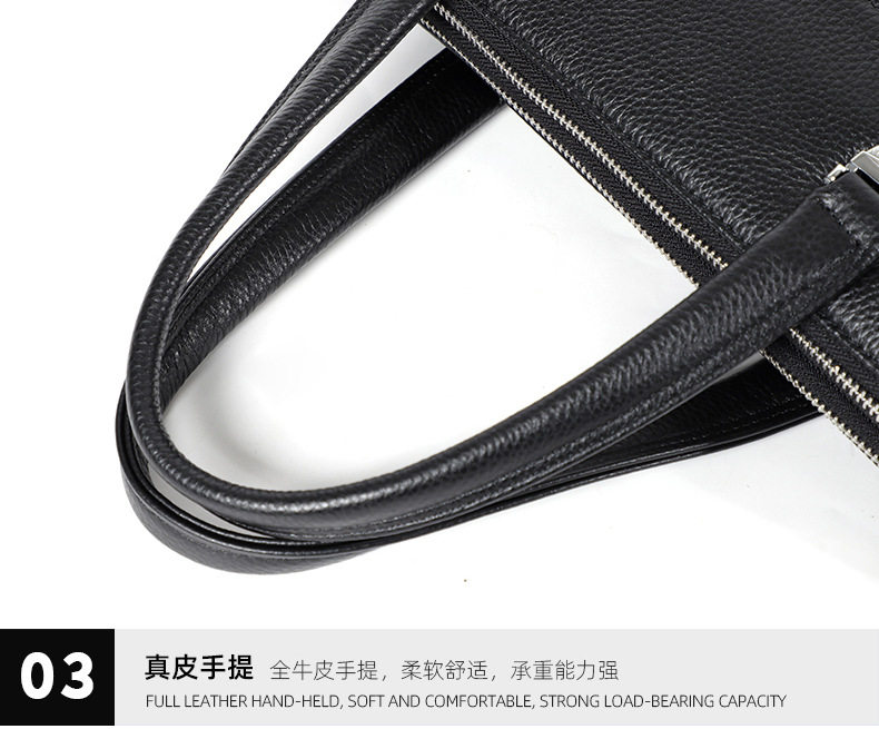 Cặp công sở mỏng da bò thật hai dây kéo, túi xách tay đeo chéo vai cho nam, đựng laptop 14 inch, 38,5×6×28 cm — Màu đen chi tiết 20