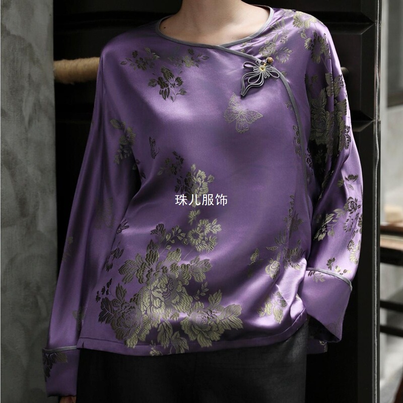 Old Satin New Chinese Style Nanyou Factory Shirt with Floral Buttons, Autumn National Style Handmade Wholesale Artistic New Product, Plate Button Mulberry Silk