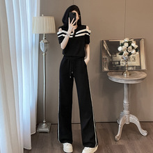 欧洲站休闲运动套装女2025春夏新款黑色露肩短袖上衣阔脚裤两件套