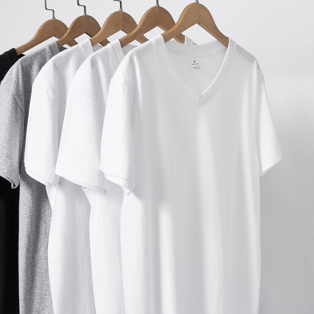Japanese cotton base T-shirt for men and women, V-neckline, with short sleeve, high collar, loose fit