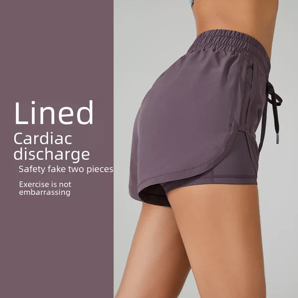 Cross-Border High-Waisted Drawstring Sports Shorts for Women, Slimming Fitness Shorts, Running Anti-Exposure Breathable Faux Two-Piece Yoga Shorts