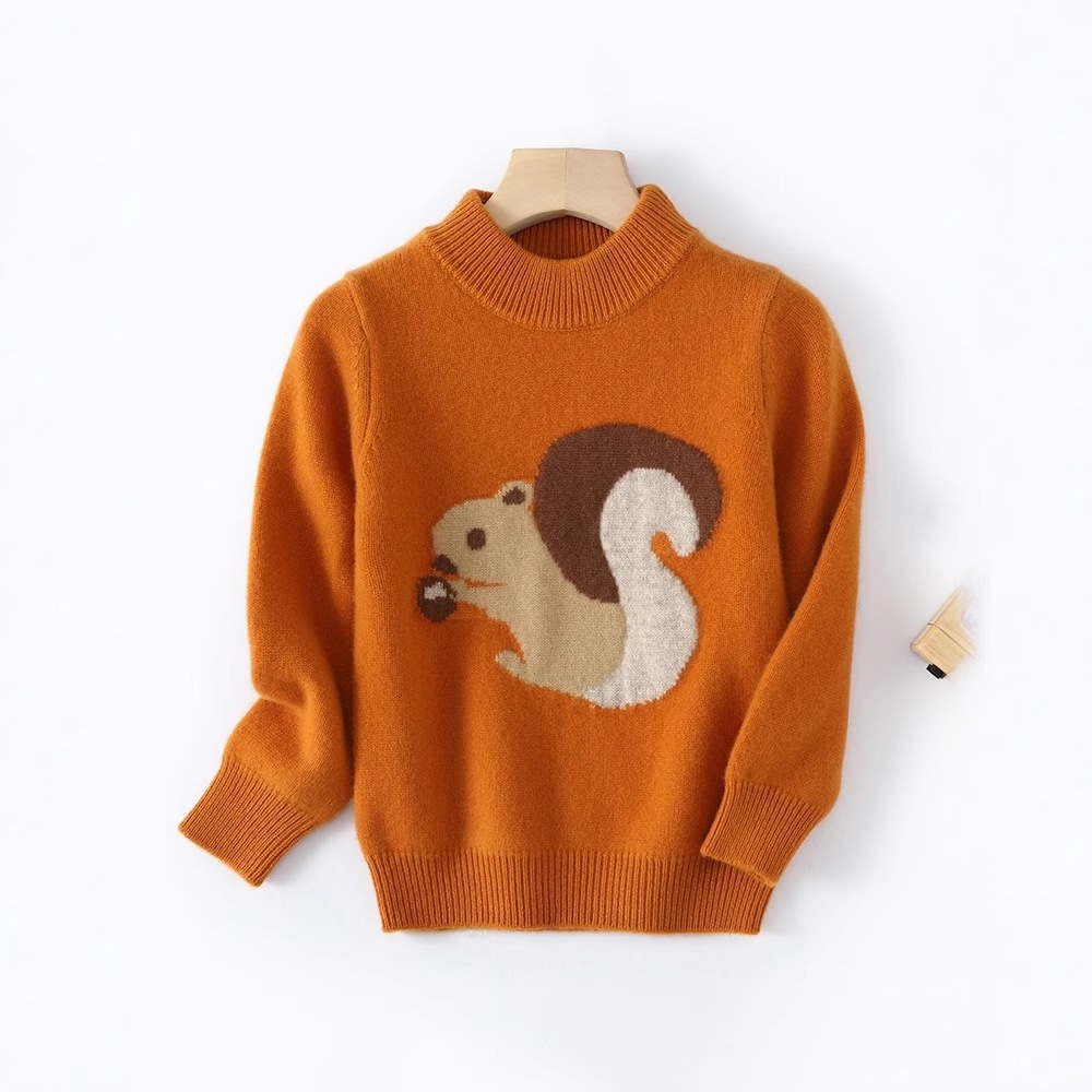 100% Pure Wool Sweater for Children, Autumn and Winter, Round Neck Sweater for Boys and Girls, Brown Cartoon Baby Knitwear