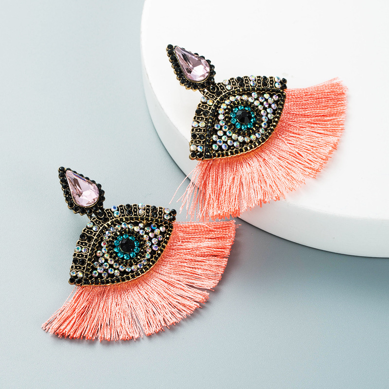 Retro Glass Diamonds Devil's Eyes Fan-shaped Tassel Earrings Wholesale Nihaojewelry display picture 9