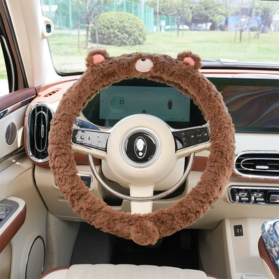 Steering wheel cover plush wear-resistant non-slip car gloves - rabbit-fur-frayed-bear-steering-wheel-cover-dark-coffee-38cm