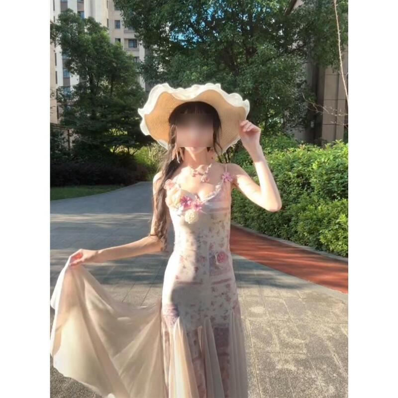 French Style, High-End and Super Nice-Looking Floral Casual Summer Suspender Dress, Seaside Resort Style Beach Long Dress