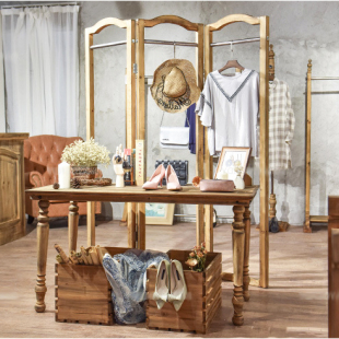 Shelf wooden furnishings display props wrought iron solid wood clothing store display rack retro country screen island rack