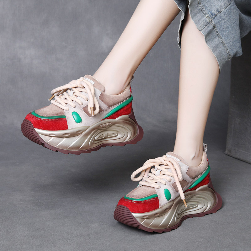 Jishu 2025 Autumn Small Women's Shoes Casual Sports Shoes Genuine Leather Thick-Soled Wedge Heel Rocking Bottom Color Matching Dad Shoes