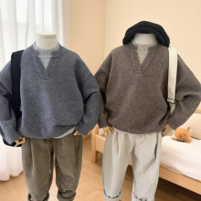 男童毛衣秋冬加厚保暖打底衫简约百搭假两件儿童针织衫中大童装