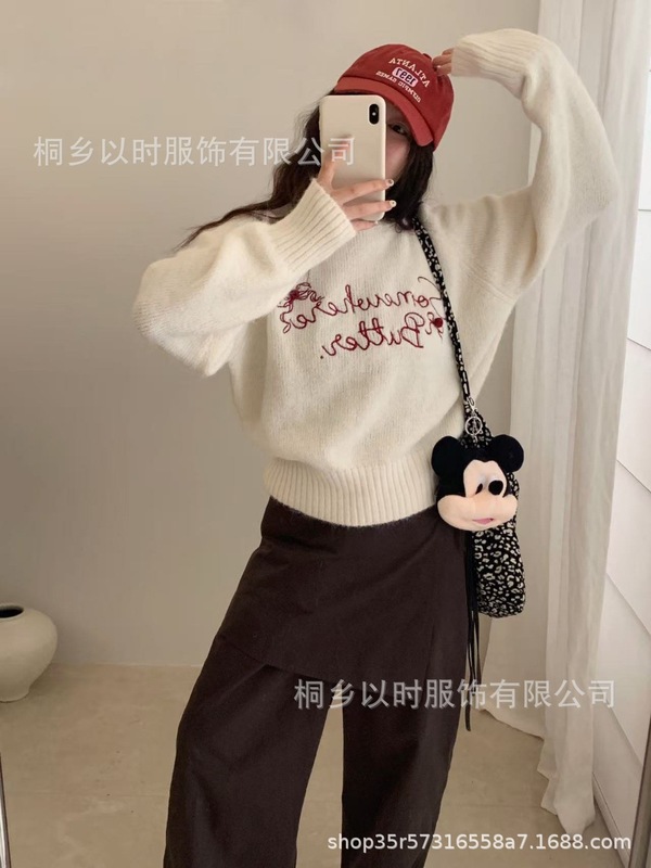 以时 25年秋冬季新款韩系简约重工字母刺绣软糯毛衣 圆领针织衫女|undefined