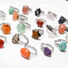天然水晶粉晶紫晶戒指 天河石月光石萤石不规则戒圈戒环多款批发