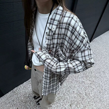 韩系穿搭高级感复古格子长袖衬衫女秋季新慵懒风宽松显瘦休闲衬衣