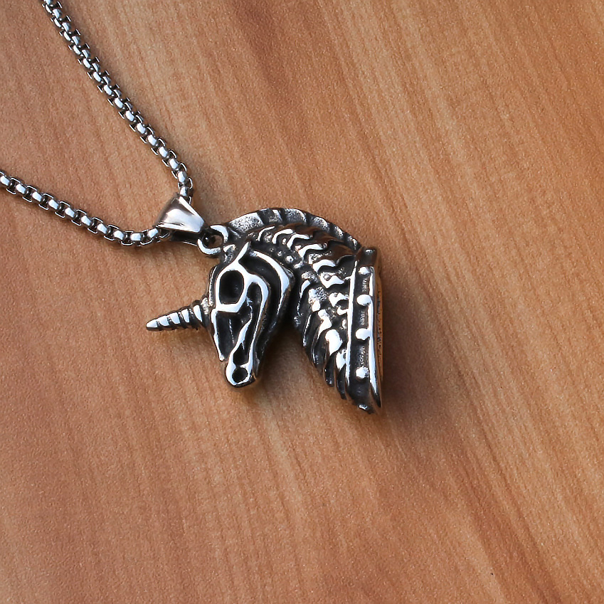 Collier tendance en acier inoxydable avec pendentif en forme de squelette de licorne pour homme et femme_voghion.com
