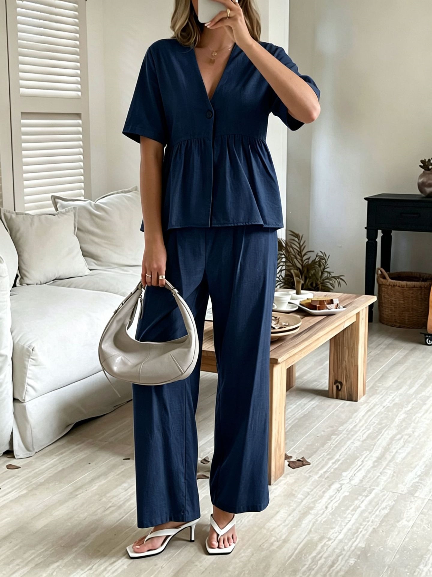 Women's Clothing Fashion Elegant Two Piece Set V Neck Loose Short Sleeved Top And Wide Leg Pants For Formal & Casual For Women_ecoleips.com