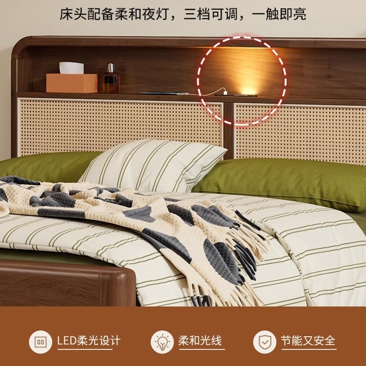 Cama de madera sólida nórdica con lámpara de noche moderna simple de 1.2m con cajón cama de madera de caña de 1.8m cama doble alta caja de almacenamiento