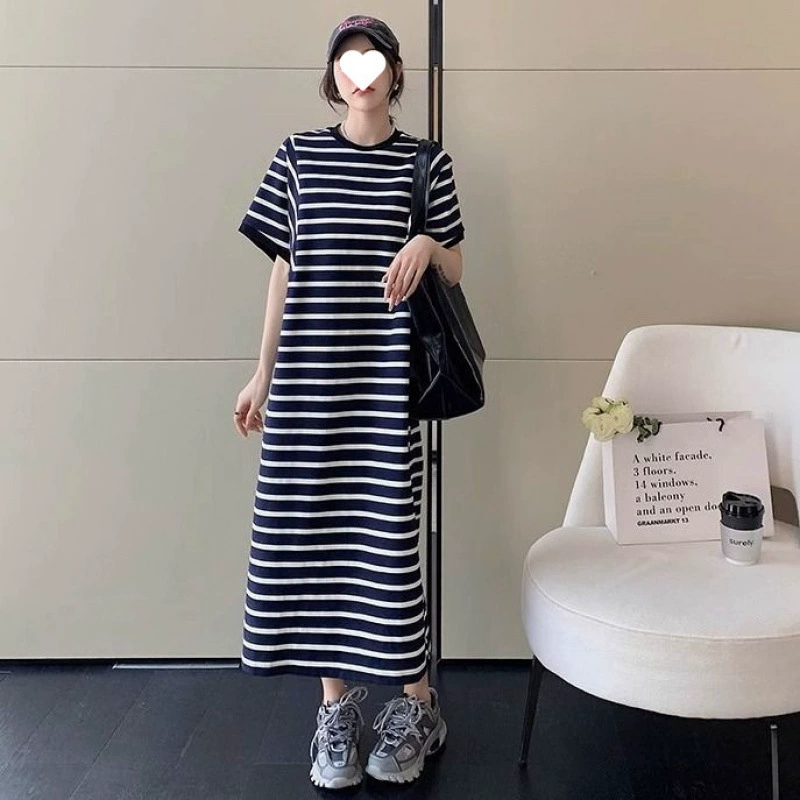 Новое летнее корейское полосатое платье длиной до колена для женщин, свободное повседневное платье средней длины с короткими рукавами и карманами