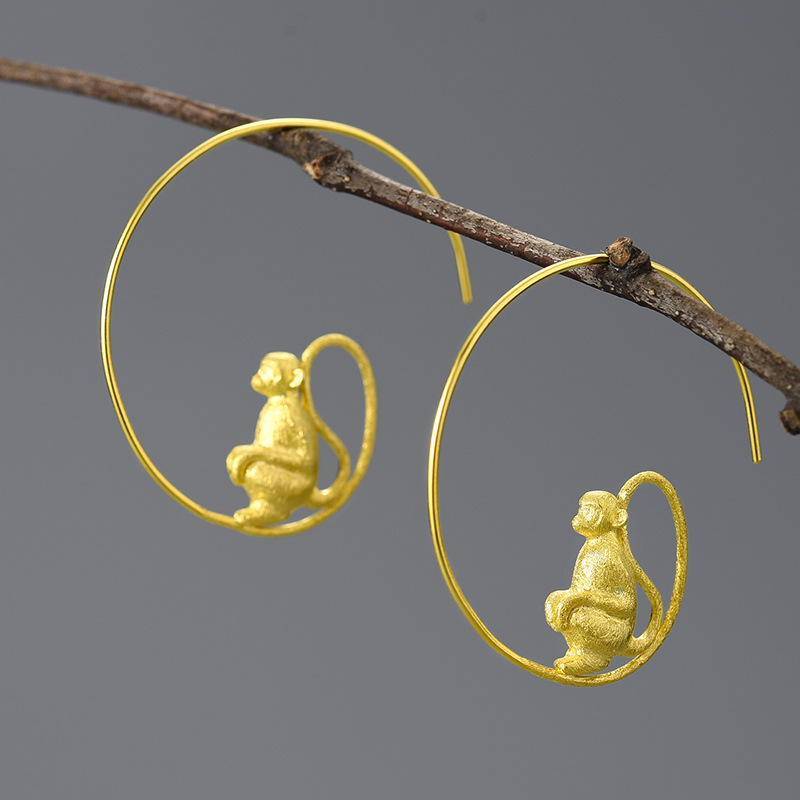 Produced by Yuanjiao, Waiting for Feeding S925 Sterling Silver Handmade Creative Long-Tailed Monkey Earrings for Women