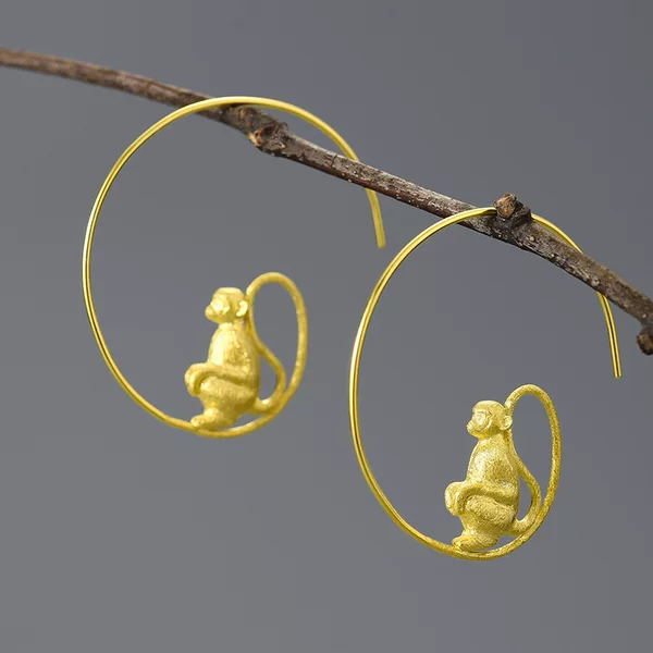 Produced by Yuanjiao, Waiting for Feeding S925 Sterling Silver Handmade Creative Long-Tailed Monkey Earrings for Women