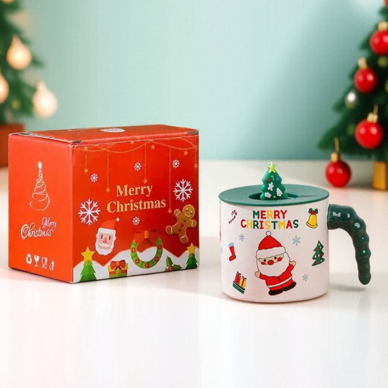 Taza navideña creativa, taza de cerámica con tapa y cuchara, taza para beber, taza de alta gama, taza de gran capacidad con diseño de árbol de Navidad