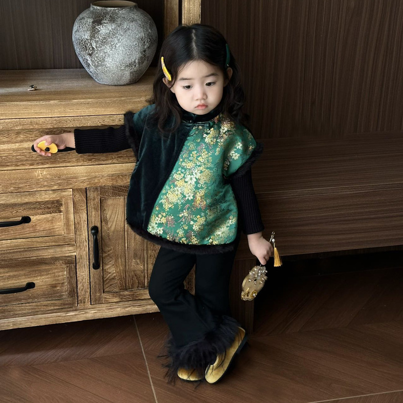中秋限定女童汉服套装秋冬儿童斜襟立领金色提花马甲女孩加绒裤子|undefined