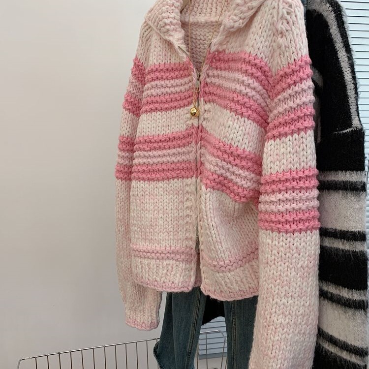2025 New Pink Stick Needle Thick Wool Hand-Knitted Double Zipper Stripesd Cardigan Sweater Jacket for Women