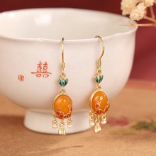 古风流苏天然蜜蜡耳环珐琅花朵耳坠925银蛋面耳饰送女友礼物