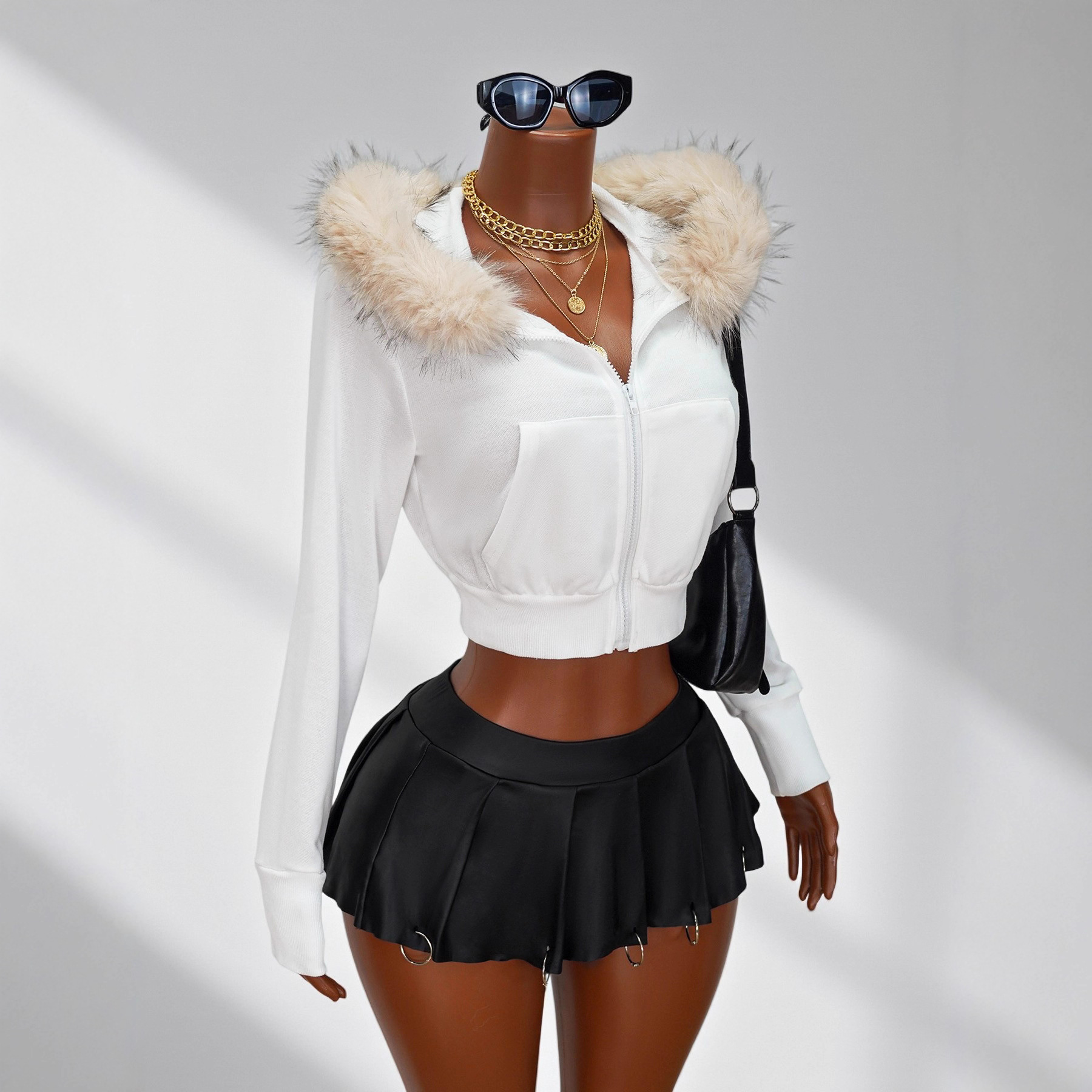 Petite Hooded Short Jacket Large Fur Collar Zip Up Solid Color Cropped Sexy Sweatshirt Autumn Winter Outerwear_voghion.com