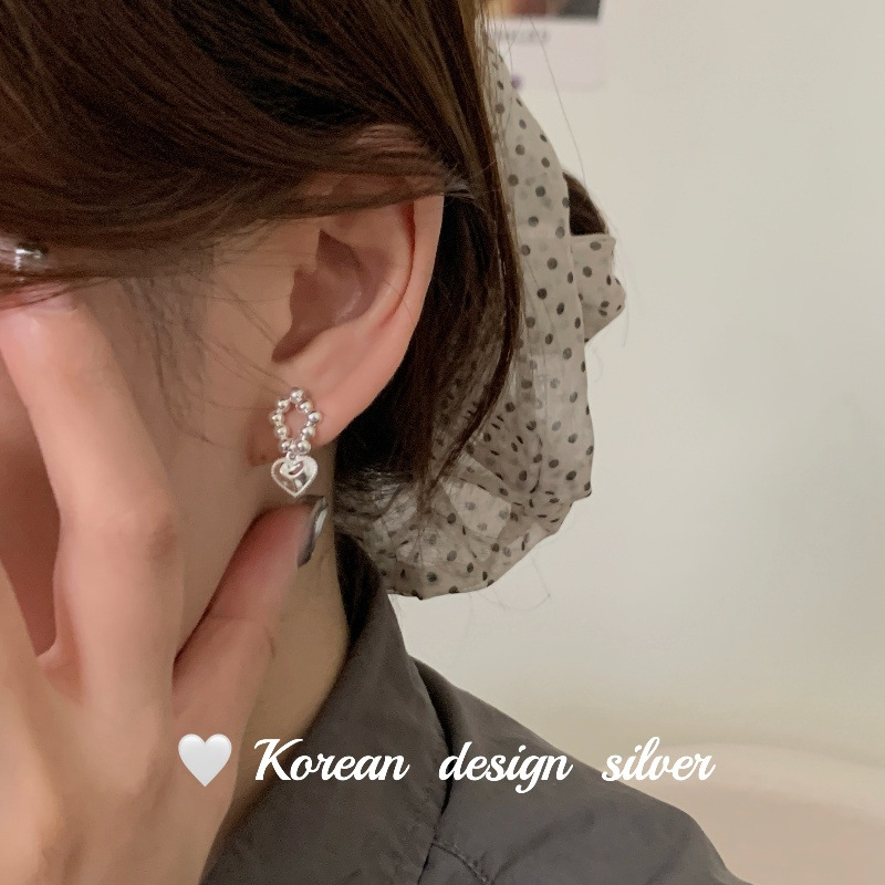 韓國Ins風小眾精緻耳飾品 S925純銀串珠肌理愛心耳環個性高級感女