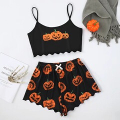 欧米风ハロウィンかぼちゃプリントノースリーブストラップトップショーツホームウェアパジャマレディーススーツpajamas