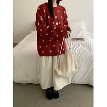 圣诞新年红波点套头毛衣女新款秋冬宽松休闲慵懒风时髦针织衫上衣